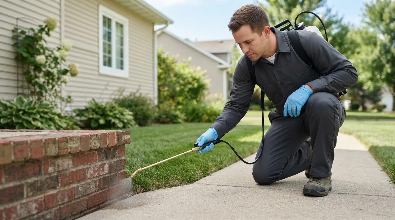 Pest control technician treating a home near Breckenridge, TX
