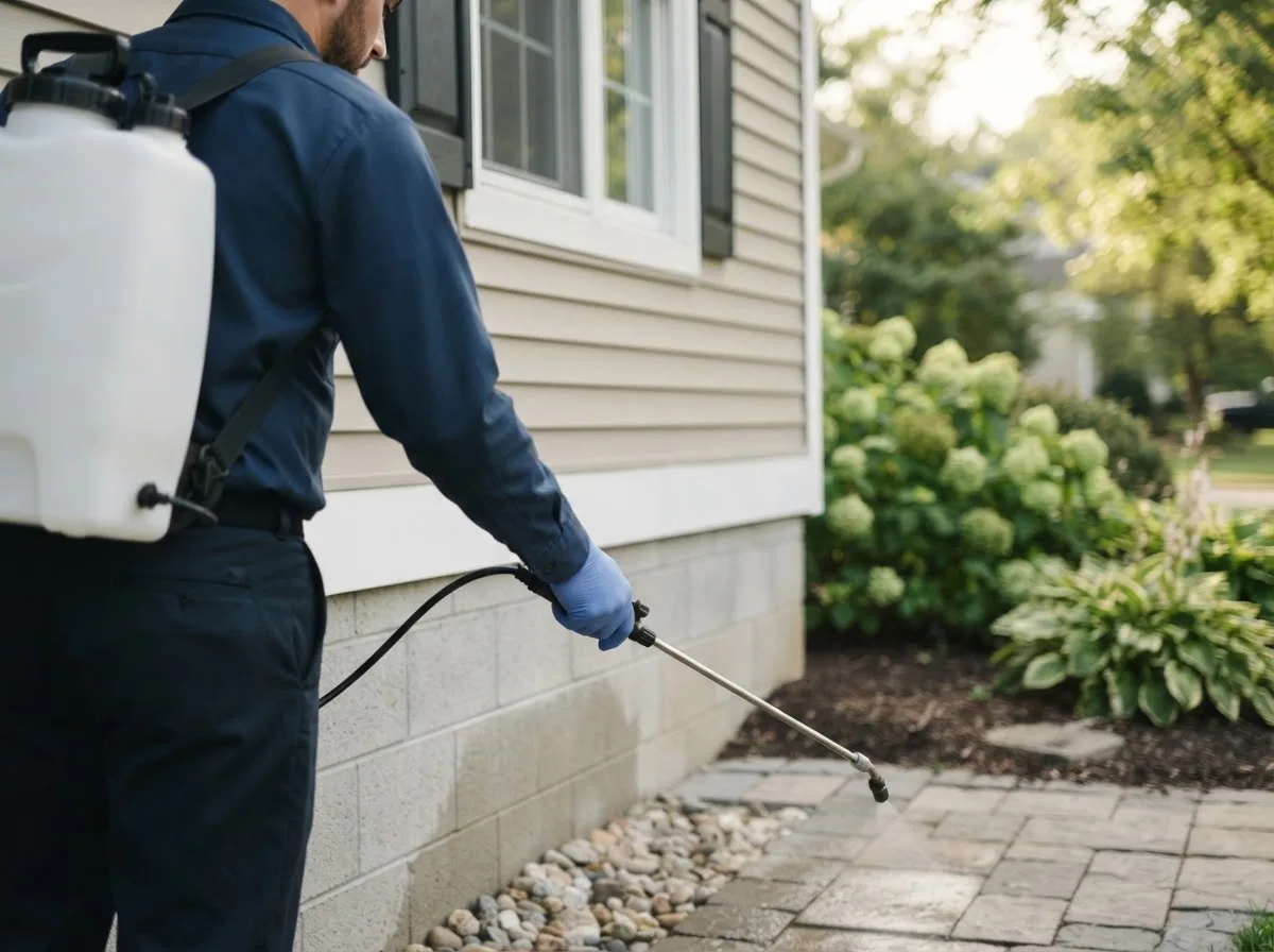 Pest control technician inspecting a home in Breckenridge, TX